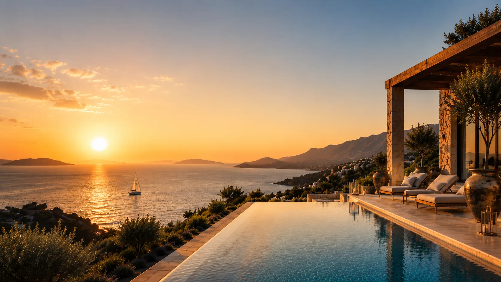 360° drone view of a luxury Greek villa at golden hour — Greek Homes 360 property tour